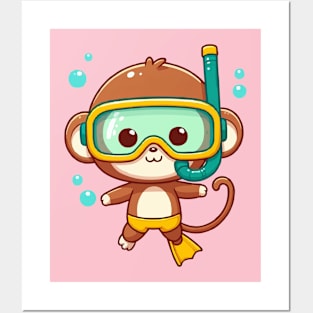 Cute monkey Snorkeling Posters and Art